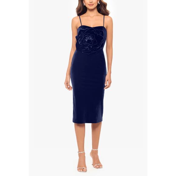 Betsy & Adam Velvet Flower Bodice Midi Sheath Cocktail Dress Navy Blue Size 14 - Picture 11 of 12